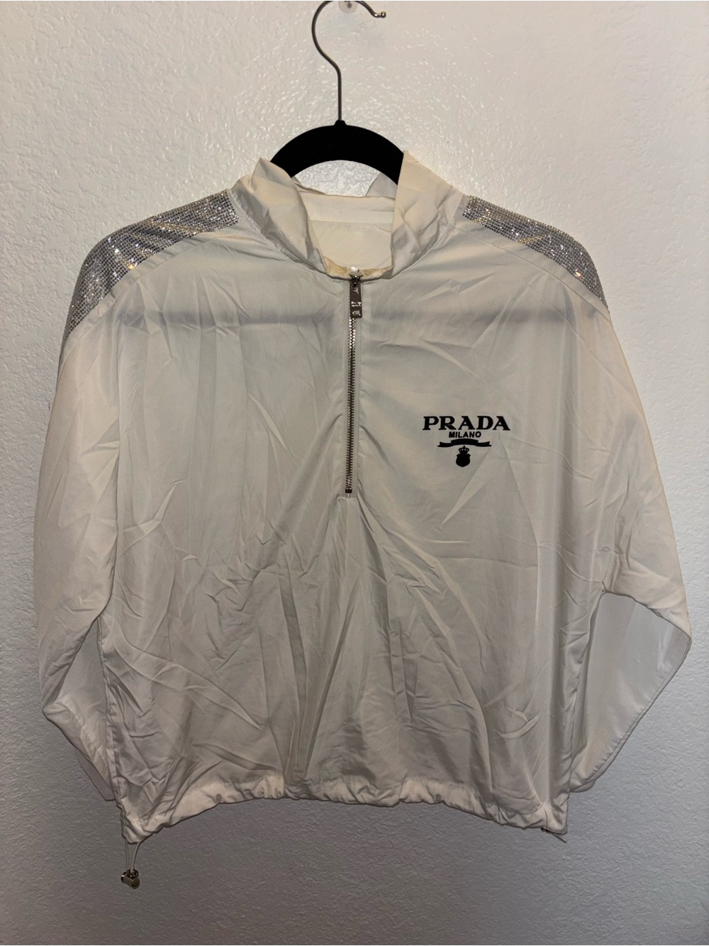 Prada White Rhinestone Nylon Quarter Zip Jacket with Silver Hardware - Picture 2 of 10